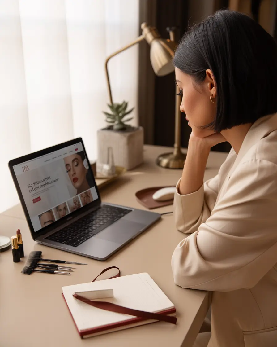 Professionnelle beauté devant son site internet Lumee
